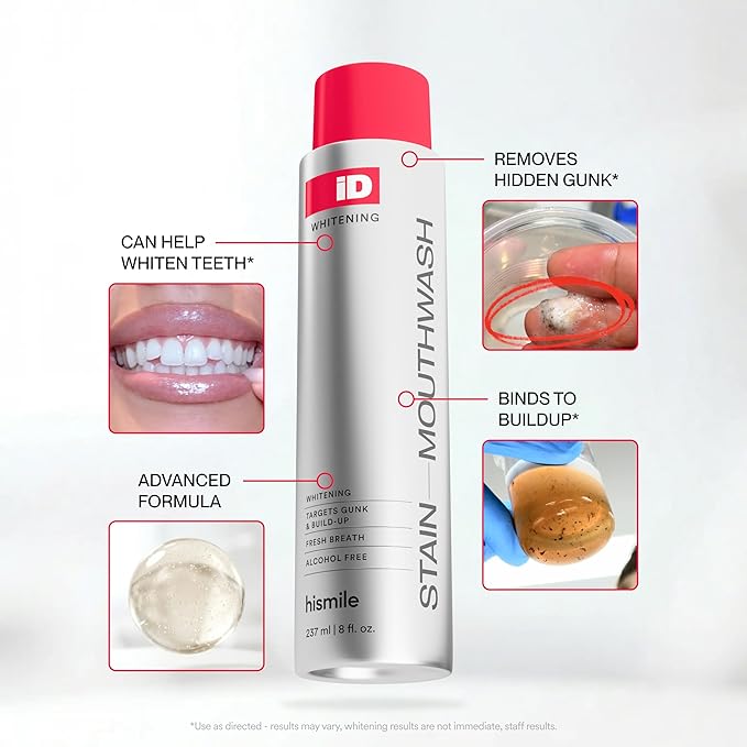 Hismile iD Stain Whitening Mouthwash, Gunk Removing Mouthwash for Fresh Breath, Hydrogen Peroxide Mouthwash to Promote Whiter Teeth
