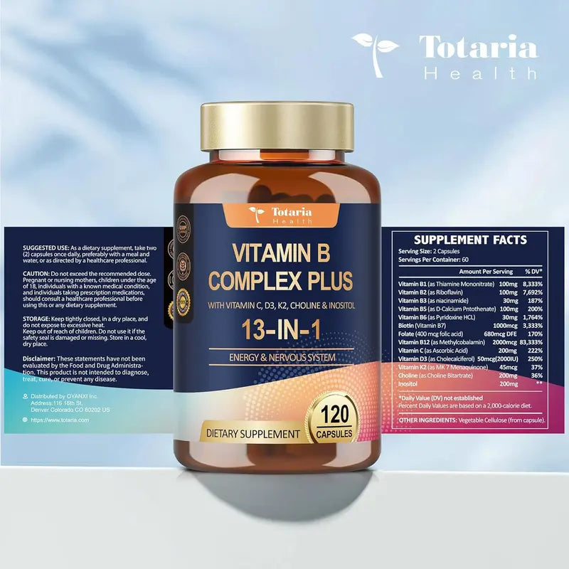 13-in-1 Vitamin B Complex Plus with Vitamin B1, B2, B3 (Niacinamide), B4, B5, B6, B7 (Biotin), B8 (Inositol), B9 (Folate), B12, C, D3, K2 - Energy, Nerve, Immune, Skin Support - 120 Vegan Capsules